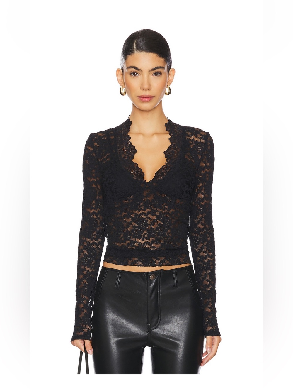 Free People Intimately FP All Day Lace Long Sleeve Top Black Size Sheer